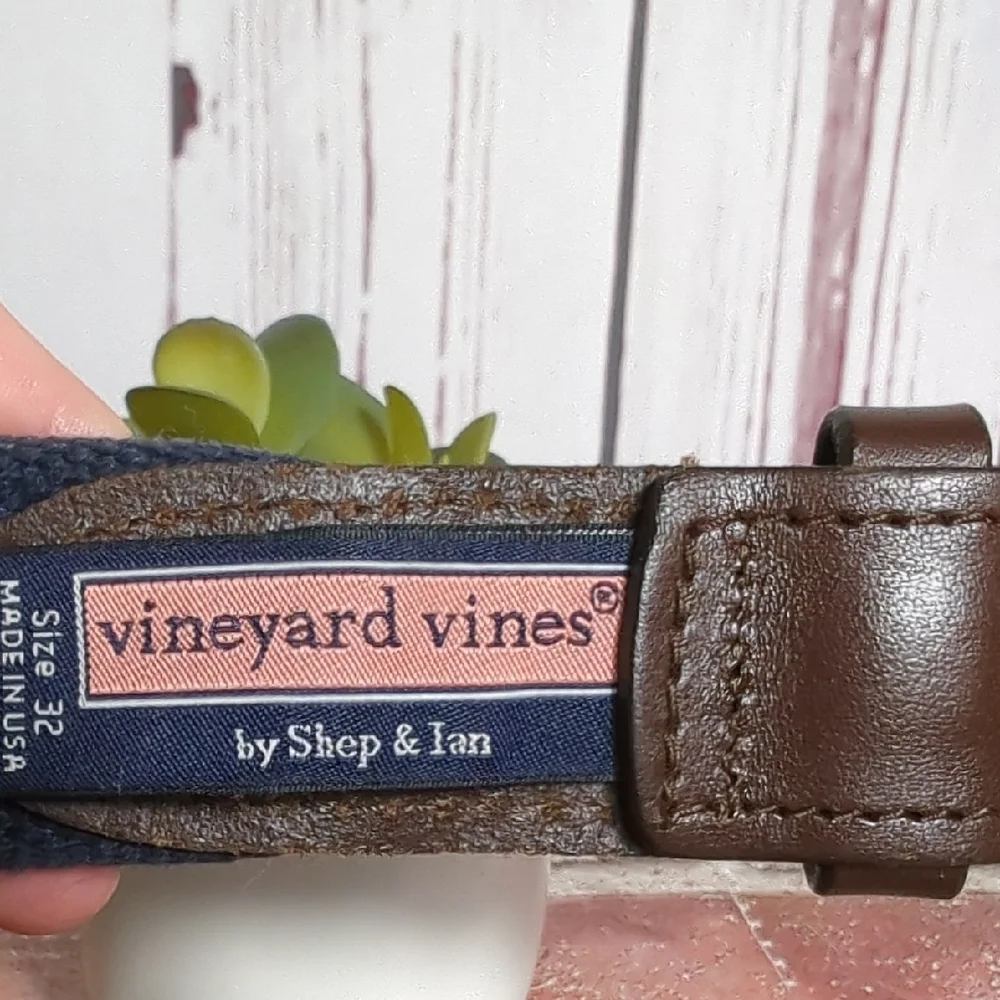 Vineyard Vines Lighthouse Belt Brown Leather and Blue‎ Canvas Size 32 Nautical